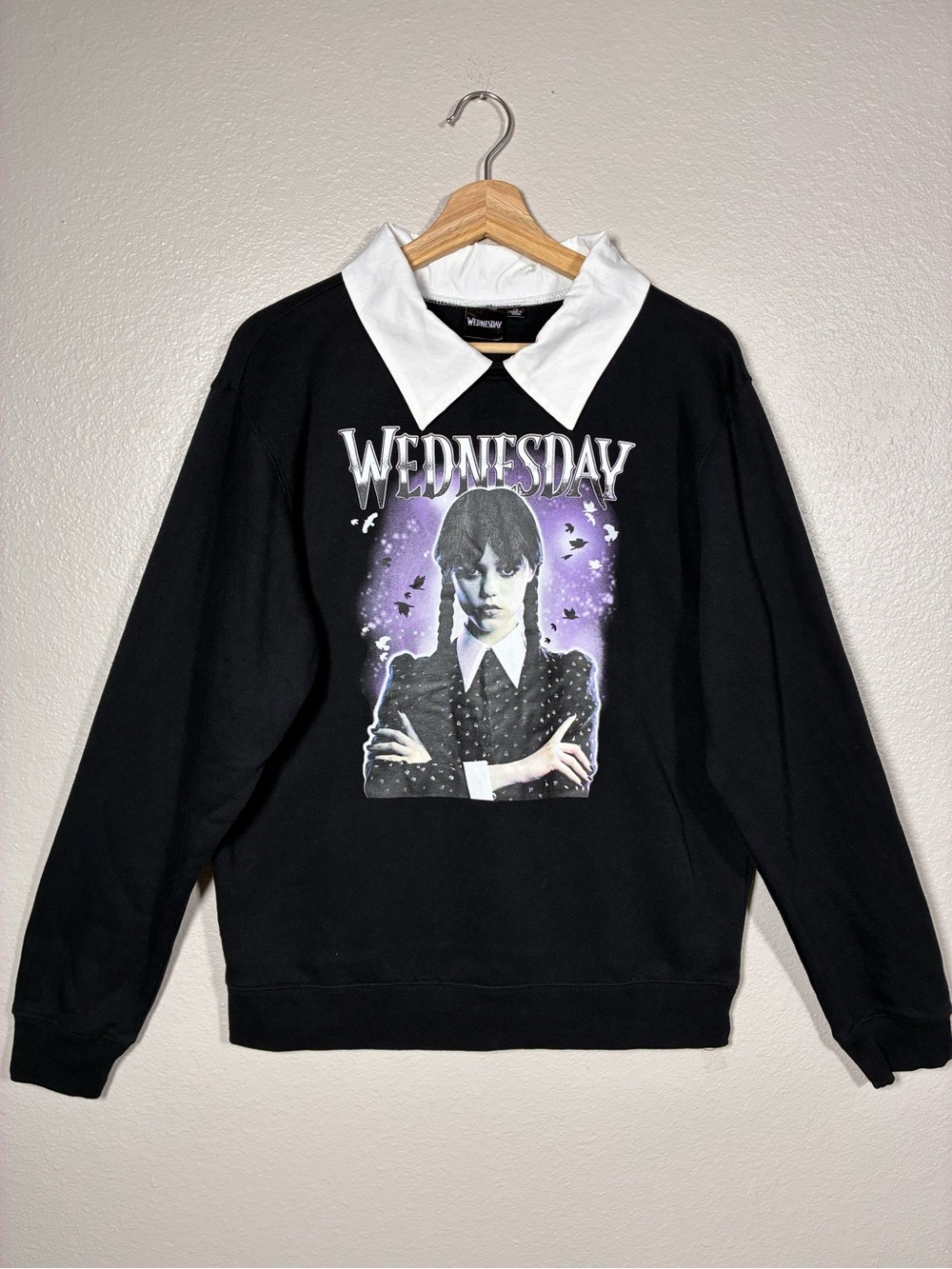 Wednesday Addams Sweatshirt Large Black White Collar Goth Halloween Graphic Alt
